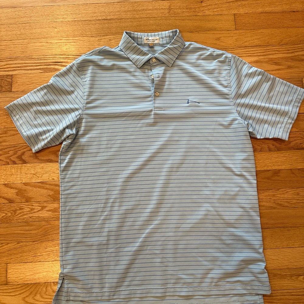 Peter Millar Men's Light Blue Striped Polo Shirt (Mountaintop Logo)